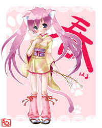 Rule 34 | 1girl, animal ears, blue eyes, blush, bow, branch, cat ears, cat girl, cat tail, cherry blossoms, chikkuru, female focus, flower, gradient hair, hand on own chest, head tilt, heterochromia, holding, japanese clothes, kimono, kneehighs, leg warmers, legs, long hair, looking at viewer, multicolored hair, obi, original, paw print, pink hair, purple eyes, sash, smile, socks, solo, standing, tabi, tail, traditional clothes, twintails