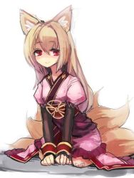 Rule 34 | 1girl, animal ears, bad id, bad twitter id, bandaid, bandaid on knee, bandaid on leg, bee (deadflow), blonde hair, closed mouth, commentary request, dress, fox ears, fox tail, inactive account, juliet sleeves, long hair, long sleeves, looking at viewer, multiple tails, original, pink dress, puffy sleeves, red eyes, seiza, simple background, sitting, smile, solo, tail, white background