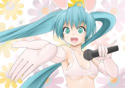 Rule 34 | 1girl, :d, animal ears, aqua eyes, aqua hair, breasts, rabbit ears, elbow gloves, gloves, hatsune miku, long hair, microphone, nino (aquarius), nino h, open mouth, outstretched arm, pinky out, smile, solo, twintails, underboob, vocaloid