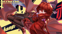 Rule 34 | 1girl, absurdres, adapted costume, akatsuki records, artist name, black bodysuit, black footwear, bodysuit, boots, bow, cape, commentary, cropped jacket, english commentary, full body, hair between eyes, hair bow, highres, jacket, long sleeves, looking at viewer, purple bow, red cape, red eyes, red footwear, red hair, red jacket, rock &#039;n&#039; rock &#039;n&#039; beat, sekibanki, short hair, solo, song name, top-exerou, touhou, two-tone footwear