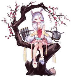 Rule 34 | 1girl, :o, alternate costume, animal ears, animal slippers, azur lane, blush, bow, bunny slippers, cannon, dress, flower, frilled dress, frills, full body, hair between eyes, hair bow, hairband, hand fan, highres, holding, holding fan, in tree, kaede (yumesaki kaede), laffey (azur lane), laffey (white rabbit welcomes the spring) (azur lane), long hair, long sleeves, low twintails, official art, paper fan, parted lips, rabbit ears, red bow, red dress, red eyes, red flower, red hairband, see-through, see-through sleeves, silver hair, sitting, sitting in tree, slippers, torpedo, transparent background, tree, turret, twintails, very long hair, white footwear