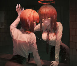 Rule 34 | 1girl, absurdres, black necktie, black pants, blood, blood halo, blood on clothes, blood on face, braid, braided ponytail, breasts, brick wall, broken mirror, chainsaw man, collared shirt, different reflection, halo, highres, indoors, large breasts, long hair, makima (chainsaw man), mirror, necktie, pants, red hair, red halo, reflection, research (rsrh), ringed eyes, shirt, white shirt, yellow eyes