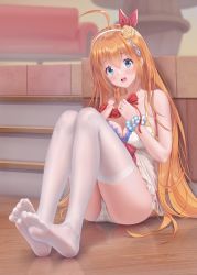 Rule 34 | 1girl, bare shoulders, blue eyes, bound, breasts, feet, floor, foot focus, foreshortening, hair ribbon, haneru, highres, large breasts, long hair, looking at viewer, no shoes, open mouth, orange hair, panties, pecorine (princess connect!), pecorine (summer) (princess connect!), princess connect!, ribbon, rope, solo, thighhighs, tied up, underwear, white panties, white thighhighs