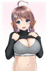 Rule 34 | 1girl, ahoge, black sweater, braid, breasts, brown hair, chougei (kancolle), cleavage, clothes lift, grey eyes, grey sports bra, hair rings, highres, kantai collection, kodama (mmt uf), large breasts, lifted by self, long hair, navel, ribbed sweater, solo, sports bra, sweater, sweater lift, twin braids, two-tone swimsuit, upper body
