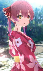 Rule 34 | 1girl, alternate costume, blurry, blurry background, blush, breasts, brown eyes, day, depth of field, floral print, hair ribbon, heterochromia, highres, hololive, houshou marine, icehotmilktea, japanese clothes, kimono, looking at viewer, looking to the side, medium breasts, outdoors, parted lips, print kimono, red eyes, red hair, red kimono, red ribbon, ribbon, solo, twintails, virtual youtuber