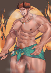 Rule 34 | 1boy, abs, absurdres, bara, bare pectorals, breath, dark-skinned male, dark skin, draph, facial hair, feet out of frame, flaccid, goatee, gongshenlong, granblue fantasy, highres, holding, holding polearm, holding weapon, lantana (granblue fantasy), large pectorals, loincloth, looking at viewer, male focus, male pubic hair, mature male, muscular, muscular male, navel, navel hair, necklace, nipples, orange hair, pectorals, penis, penis peek, pointy ears, polearm, pubic hair, short hair, solo, stomach, thick thighs, thighs, tooth necklace, uncensored, weapon