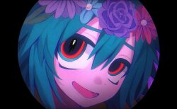 1boy basil_(headspace)_(omori) basil_(omori) close-up flower green_hair head_wreath highres looking_at_viewer male_focus my_loleeta open_mouth red_eyes short_hair smile solo something_(omori) upper_body