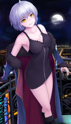 Rule 34 | 1girl, absurdres, ahoge, bare shoulders, black dress, blush, breasts, can, cityscape, cleavage, coat, dress, fate/grand order, fate (series), full moon, fur trim, grin, hand on railing, head tilt, highres, jeanne d&#039;arc (fate), jeanne d&#039;arc alter (fate), jeanne d&#039;arc alter (ver. shinjuku 1999) (fate), kyoukai33, looking at viewer, medium breasts, moon, night, night sky, off shoulder, official alternate costume, short dress, short hair, silver hair, sky, smile, solo, standing, yellow eyes