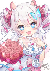Rule 34 | 1girl, :d, artist name, blue eyes, blush, bouquet, breasts, butterfly hair ornament, dated, drill hair, flower, hair flower, hair ornament, heart, heart-shaped pupils, kkkula (kula), open mouth, original, simple background, small breasts, smile, symbol-shaped pupils, thank you, virtual youtuber, white background