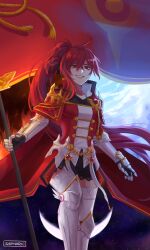 Rule 34 | 1girl, absurdres, armor, armored boots, armored gloves, black ribbon, boots, braid, breasts, cape, elesis (elsword), elsword, empire sword (elsword), fire, flag, full body, gloves, gold trim, grin, hair between eyes, hair ornament, highres, holding, holding flag, ice, long hair, looking at viewer, medium breasts, night, night sky, open mouth, ponytail, red cape, red eyes, red hair, ribbon, sephariic, shoulder armor, signature, sky, smile, solo, standing, star (sky), thighhighs, thighhighs under boots, very long hair, white thighhighs