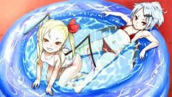 Rule 34 | 2girls, alternate hairstyle, bare arms, bare legs, bare shoulders, barefoot, bat hair ornament, bat wings, bent over, bikini, black wings, blonde hair, blue hair, bow, bow bikini, breasts, caustics, collarbone, covered erect nipples, crystal, eyebrows, flandre scarlet, from above, gloves, hair ornament, hair ribbon, hairclip, kneeling, kuranosuke, long hair, looking at viewer, multiple girls, navel, one-piece swimsuit, outstretched arms, partially submerged, pointy ears, ponytail, pout, red background, red bikini, red bow, red eyes, remilia scarlet, ribbon, siblings, side ponytail, sidelocks, sisters, small breasts, soles, stomach, string bikini, swimsuit, touhou, wading pool, water, white one-piece swimsuit, wings