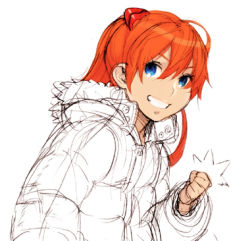 Rule 34 | 1girl, alternate costume, blue eyes, clenched hand, eyebrows hidden by hair, from side, hair between eyes, jacket, lowres, neon genesis evangelion, orange hair, shiohara shin&#039;ichi, simple background, sketch, solo, souryuu asuka langley, upper body, white background