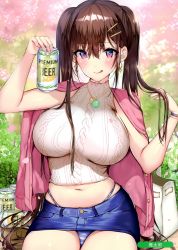 Rule 34 | 1girl, absurdres, alcohol, artist name, beer can, bracelet, brown hair, can, day, drink can, fingernails, flower, hair ornament, highres, jacket, jacket on shoulders, jewelry, lips, looking at viewer, mataro (matarou), melonbooks, midriff, miniskirt, navel, necklace, outdoors, panties, petals, pink jacket, purple eyes, scan, shiny clothes, shiny skin, sitting, skirt, sleeveless, smile, solo, stomach, striped clothes, striped panties, sweater, tongue, tongue out, twintails, underwear, watch, wristwatch
