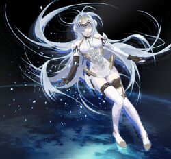Rule 34 | 1girl, android, bare shoulders, blue hair, breasts, cofffee, elbow gloves, fingerless gloves, forehead protector, gloves, highres, kos-mos, leotard, long hair, medium breasts, planet, solo, space, thighhighs, very long hair, white leotard, xenosaga