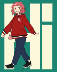 Rule 34 | 1girl, :d, absurdres, artist name, bag, black footwear, blue pants, blush stickers, brown eyes, carrying, casual, clenched hand, closed mouth, commentary request, dated, drawstring, full body, girls und panzer, green background, handbag, highres, hood, hoodie, logo, long sleeves, looking at viewer, nike (company), open mouth, pants, partial commentary, red hair, red shirt, rosehip (girls und panzer), shirt, shoes, short hair, signature, smile, sneakers, socks, solo, standing, walking, white socks, zono (inokura syuzo029)