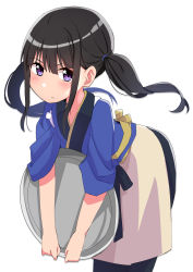 Rule 34 | 1girl, :&lt;, absurdres, ao (flowerclasse), apron, black hair, black skirt, blue kimono, blush, brown apron, commentary request, highres, holding, holding tray, inoue takina, japanese clothes, kimono, leaning forward, long hair, looking at viewer, lycoris recoil, short sleeves, simple background, skirt, solo, tasuki, tray, twintails, waist apron, white background