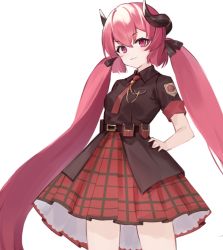 Rule 34 | 1girl, bad id, bad twitter id, blue archive, closed mouth, dress, hair between eyes, hair ribbon, hand on own hip, horns, junko (blue archive), long hair, onigiri (233), pink eyes, plaid, pouch, red hair, red neckwear, ribbon, short sleeves, sidelocks, simple background, solo, twintails, very long hair, white background