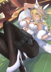 Rule 34 | 1girl, alternate color, animal ears, arm up, artoria pendragon (all), artoria pendragon (fate), artoria pendragon (swimsuit ruler) (fate), ass, bare shoulders, black pantyhose, blonde hair, blue neckwear, blush, braid, breasts, casino card table, cleavage, clothing cutout, detached collar, fake animal ears, fate/grand order, fate (series), feather boa, french braid, green eyes, gun, hair between eyes, highleg, highleg leotard, highres, holster, large breasts, legs, leotard, long hair, looking at viewer, navel cutout, pantyhose, playboy bunny, rabbit ears, solo, srsojiro, table, thigh strap, thighs, weapon, white leotard, wrist cuffs