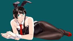 Rule 34 | 1girl, absurdres, alternate costume, animal ears, black hair, black leotard, black pantyhose, blue eyes, breasts, closed mouth, detached collar, fake animal ears, fake tail, glasses, green background, highres, kantai collection, leotard, long hair, looking at viewer, lying, necktie, ojipon, ooyodo (kancolle), pantyhose, playboy bunny, rabbit ears, rabbit tail, red necktie, simple background, small breasts, smile, solo, strapless, strapless leotard, tail, wrist cuffs