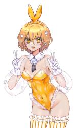 Rule 34 | 1girl, animal ears, blonde hair, breasts, cowboy shot, don quixote (project moon), double v, flower, frilled thighhighs, frills, gloves, hair flower, hair ornament, highres, jacket, leotard, limbus company, long sleeves, looking at viewer, medium breasts, njaja kanja, open mouth, playboy bunny, project moon, puffy long sleeves, puffy sleeves, rabbit ears, see-through, see-through jacket, short hair, smile, solo, striped clothes, striped thighhighs, thighhighs, v, white footwear, white gloves, yellow eyes, yellow leotard