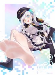Rule 34 | 1girl, absurdres, blue eyes, blurry, boots, depth of field, feet, foot focus, hat, heterochromia, highres, kagura mea, long hair, looking at viewer, open mouth, pov, shoes, unworn shoes, silver hair, single shoe, sitting, soles, twintails, virtual youtuber, white legwear, yellow eyes