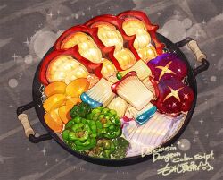 Rule 34 | boiling, copyright name, dungeon meshi, english text, food, food focus, grey background, hotpot, meat, momiji mao, mushroom, no humans, pavement, sparkle, steam, vegetable, wok