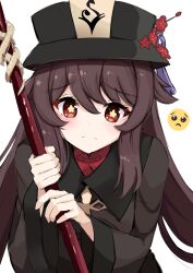 Rule 34 | 1girl, black hat, black jacket, brown eyes, brown hair, closed mouth, day mello, floating hair, frown, genshin impact, hair between eyes, hat, highres, holding, holding weapon, hu tao (genshin impact), jacket, long hair, long sleeves, looking at viewer, red hat, sketch, solo, upper body, weapon, witch hat