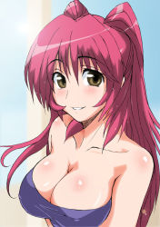 Rule 34 | 00s, arms at sides, bare arms, bare shoulders, blue one-piece swimsuit, blush, breasts, brown eyes, cleavage, collarbone, covered erect nipples, eyebrows hidden by hair, eyes visible through hair, grin, hair between eyes, kousaka tamaki, large breasts, long hair, looking at viewer, neck, one-piece swimsuit, red hair, smile, solo, straight hair, strapless, strapless one-piece swimsuit, swimsuit, tekuni amane, to heart (series), to heart 2, twintails, upper body