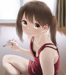 Rule 34 | 1girl, bare shoulders, blue nails, blush, breasts, brown eyes, brown hair, chopsticks, closed mouth, downblouse, hair between eyes, highres, holding, holding chopsticks, indoors, kantai collection, long hair, looking at viewer, nail polish, off-shoulder shirt, off shoulder, on floor, red shirt, ryuujou (kancolle), shirt, sitting, sleeveless, small breasts, smile, tama (tamago), twintails