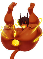 Rule 34 | 1girl, aniece (nitrotitan), anus, ass, bad id, bad tumblr id, brown hair, claws, dark-skinned female, dark skin, demon girl, demon tail, gaping, glowing, glowing eyes, glowing pussy, highres, horns, legs over head, lying, modeseven, nude, on back, open mouth, original, ponytail, pussy, pussy juice, sharp teeth, simple background, soles, solo, spread anus, tail, teeth, thick thighs, thighs, toes, tongue, tongue out, uncensored, white background, yellow eyes