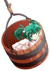 Rule 34 | 1girl, alphes (style), bucket, closed mouth, dairi, eyebrows, full body, green eyes, green hair, hair bobbles, hair ornament, in bucket, in container, japanese clothes, kimono, kisume, long sleeves, parody, short hair, smile, solo, style parody, tachi-e, touhou, transparent background, twintails, white kimono, wooden bucket