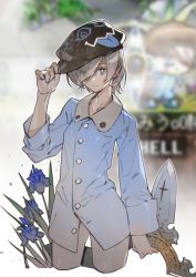 Rule 34 | 1girl, @ @, absurdres, black hat, blade, blue eyes, blue flower, closed mouth, collarbone, cross, eyes visible through hair, fingernails, flower, grey hair, hair over one eye, hand on headwear, hat, highres, holding, holding weapon, maplestory, no pants, original, pajamas, short hair, solo, thief, tongue, tongue out, unti no azi, weapon
