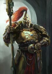 Rule 34 | 1boy, adeptus custodes, armor, breastplate, commentary, commission, english commentary, full armor, gauntlets, gold armor, greaves, guardian spear, helmet, highres, holding, holding weapon, imperium of man, jjoail, male focus, pauldrons, pelvic curtain, plume, polearm, power armor, red plume, shoulder armor, solo, standing, warhammer 40k, weapon