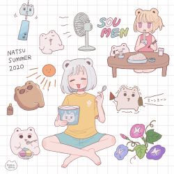 Rule 34 | 2girls, :3, :d, absurdres, animal ears, aqua shorts, barefoot, bear, bear ears, blonde hair, chopsticks, closed eyes, commentary request, creature, eating, electric fan, emma (kumaema), flower, food, fruit, grey hair, grid background, highres, holding, holding spoon, ice cream, indian style, multiple girls, no pupils, noodles, open mouth, original, shirt, short hair, short sleeves, shorts, sidelocks, sitting, smile, soumen, spoon, summer, t-shirt, watermelon, wind chime, yellow shirt
