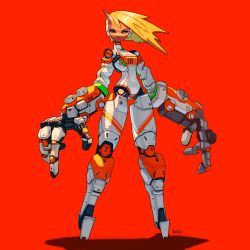 Rule 34 | 1girl, absurdres, blonde hair, blue sclera, colored sclera, colored skin, cyberpunk, cyborg, fewer digits, full body, green eyes, half-closed eyes, highres, horns, joints, koutetu yarou, looking at viewer, original, oversized forearms, oversized limbs, red background, red skin, robot joints, shadow, signature, simple background, single horn, smile, smug, solo, standing