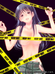 Rule 34 | 1girl, bad id, bad pixiv id, bdsm, black hair, bondage, bound, bound wrists, breasts, brown eyes, caution tape, censored, censored nipples, convenient censoring, coppelion, keep out, lips, long hair, naruse ibara, navel, open clothes, open mouth, open skirt, plaid, plaid skirt, pleated skirt, skirt, solo, topless, wakanu