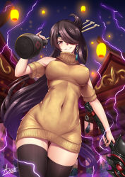 Rule 34 | 1girl, adsouto, artist name, bare shoulders, beidou (genshin impact), breasts, building, commentary, covered navel, cowboy shot, earrings, electricity, english commentary, eyepatch, genshin impact, gluteal fold, hair over one eye, highres, jewelry, long hair, looking at viewer, medium breasts, night, outdoors, parted lips, short sleeves, sky, smirk, solo, standing, sweater, teeth, thighhighs, watermark