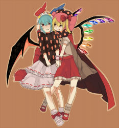 Rule 34 | 2girls, :q, alternate costume, bad id, bad pixiv id, bat wings, blonde hair, blue hair, bobby socks, charlotte (madoka magica), charlotte (madoka magica) (cosplay), cosplay, crossover, female focus, flandre scarlet, highres, holding hands, licking lips, mahou shoujo madoka magica, mahou shoujo madoka magica (anime), mary janes, multiple girls, no headwear, polka dot, red eyes, remilia scarlet, shoes, short hair, side ponytail, simple background, socks, tongue, tongue out, touhou, tyaka, wings, yomosaka