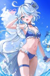 Rule 34 | 1girl, 2k (tldntkfkdro), :d, absurdres, adjusting hair, ahoge, alternate costume, armpits, bikini, blue bikini, blue choker, blue eyes, blue sky, blurry, breasts, bubbly seahorse (genshin impact), choker, cleavage, cloud, cloudy sky, collarbone, commentary, depth of field, detached sleeves, drop-shaped pupils, english commentary, furina (genshin impact), genshin impact, hair between eyes, hat, heterochromia, highres, long hair, looking at viewer, low twintails, mismatched pupils, multicolored hair, navel, open mouth, scrunchie, short sleeves, sidelocks, signature, sky, small breasts, smile, solo, stomach, streaked hair, swimsuit, symbol-shaped pupils, thighlet, top hat, twintails, two-tone hair, wavy hair, white hair, wrist scrunchie