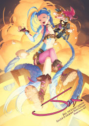 Rule 34 | 1girl, absurdly long hair, absurdres, artist name, bad id, bad pixiv id, blue hair, boots, braid, breasts, character doll, character name, cleavage, doll, explosion, fang, gloves, hairline, highres, jinx (league of legends), league of legends, long hair, looking at viewer, mt (ringofive), open mouth, pink thighhighs, red eyes, small breasts, solo, tattoo, thighhighs, twin braids, very long hair, vi (league of legends)