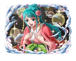 Rule 34 | 1girl, aqua hair, blue eyes, blush stickers, breasts, commentary, english commentary, flower, hair flower, hair ornament, hair stick, japanese clothes, kimono, kouzuki hiyori, large breasts, lips, lipstick, long hair, makeup, official art, one piece, one piece treasure cruise, open mouth, pink flower, red lips, smile, solo, sparkle, teeth, wide sleeves