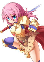Rule 34 | 1girl, alternate color, armor, armored boots, belt, blue eyes, blue shirt, blue thighhighs, blush, boobplate, boots, breastplate, brown belt, brown skirt, cape, commentary request, cross, foot out of frame, gauntlets, gold armor, hair between eyes, highres, holding, holding sword, holding weapon, kneehighs, long hair, looking at viewer, lord knight (ragnarok online), miniskirt, ooyama kina, open mouth, pauldrons, pink hair, ragnarok online, red cape, reverse grip, shirt, shoulder armor, simple background, skirt, socks, solo, spiked gauntlets, sword, thighhighs, v-shaped eyebrows, weapon, white background, zettai ryouiki