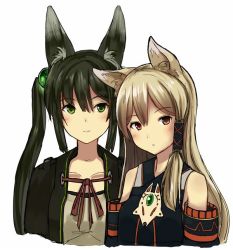 Rule 34 | 2girls, animal ears, bare shoulders, blonde hair, blush, brown eyes, closed mouth, commentary request, detached sleeves, fox ears, green eyes, green hair, hair tubes, inabi, long sleeves, looking at viewer, multiple girls, neck ribbon, original, red ribbon, ribbon, simple background, smile, twintails, white background