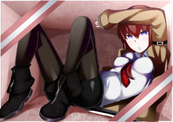 Rule 34 | 1girl, arm up, bad id, bad pixiv id, between breasts, blush, boots, box, breasts, brown hair, highres, impossible clothes, impossible shirt, in box, in container, jacket, pantyhose under shorts, long hair, makise kurisu, necktie, pantyhose, parsley-f, purple eyes, shirt, short shorts, shorts, solo, steins;gate, sweatdrop