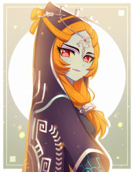 Rule 34 | 1girl, black cloak, blue skin, cloak, closed mouth, colored sclera, colored skin, enni, eyelashes, front ponytail, hair ornament, highres, hood, hooded cloak, long hair, looking at viewer, midna, midna (true), nintendo, orange hair, purple lips, red eyes, smile, solo, the legend of zelda, the legend of zelda: twilight princess, upper body, yellow sclera