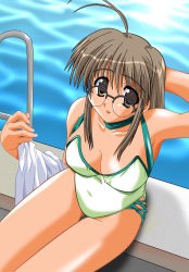 Rule 34 | 00s, 1girl, ahoge, breasts, brown eyes, brown hair, casual one-piece swimsuit, cleavage, comic party, glasses, huge breasts, jpeg artifacts, long hair, makimura minami, non-web source, one-piece swimsuit, pool, pool ladder, poolside, sitting, solo, swimsuit