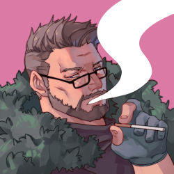 Rule 34 | 1boy, bara, beard, brown hair, cigarette, facial hair, fate/grand order, fate (series), fur trim, glasses, gloves, guoguo, hand up, male focus, partially fingerless gloves, pink background, short hair, simple background, smoking, solo, upper body, william tell (fate)