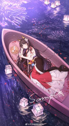 1girl akagi_(warship_girls_r) alcohol animal_ears bandages barefoot black_hair boat copyright_name cup fireworks flower fox_ears hair_flower hair_ornament highres japanese_clothes kimono lantern long_hair looking_at_viewer lying morimori_(14292311) official_alternate_costume on_side sake sarashi solo very_long_hair warship_girls_r warter water watercraft weibo_logo weibo_watermark