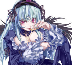 Rule 34 | 00s, 1girl, breast hold, breasts, highres, large breasts, long hair, milk, red eyes, rozen maiden, sasa ichi, silver hair, solo, suigintou, tongue, yakult