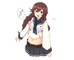 Rule 34 | 1girl, adapted costume, black sailor collar, black skirt, braid, brown hair, commentary request, cropped legs, dress shirt, green eyes, highres, kantai collection, long hair, long sleeves, looking at viewer, midriff, minoa 11touhei, necktie, noshiro (kancolle), one-hour drawing challenge, pleated skirt, sailor collar, sailor shirt, school uniform, serafuku, shirt, simple background, skirt, solo, swept bangs, translation request, twin braids, white background